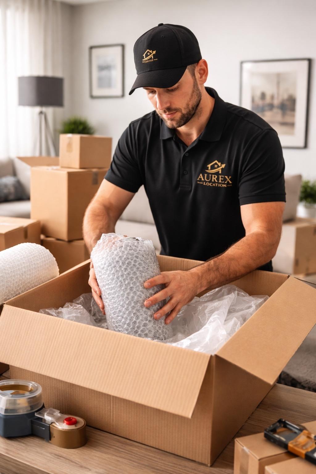 Mover placing a wrapped item into a moving box
